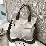 【AE224】Large Capacity Pockets Front Canvas Tote Bag Women's Solid Color Handbag Crossbody Purse