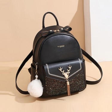 【AE35】Sequins Double Zipper Backpack Purse with Plush Ball & Tassel Decor for Women