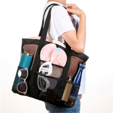 【AE129】Large Capacity Mesh Beach Handbag Shoulder Swim Tote Bag for Outdoor Pool, with Brand Name English Alphabet