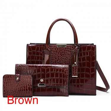 【AE88】Crocodile Embossed Hand Bag Set with Shoulder Bag, Clutch Purse & Card Bag