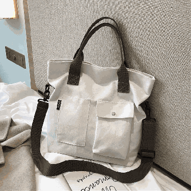 【AE224】Large Capacity Pockets Front Canvas Tote Bag Women's Solid Color Handbag Crossbody Purse