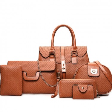 【AE87】Argyle Quilted Bag Set, Women's 6 Pcs Trendy Handbag & Shoulder Bag & Chain Crossbody Bag & Clutch Card Bag