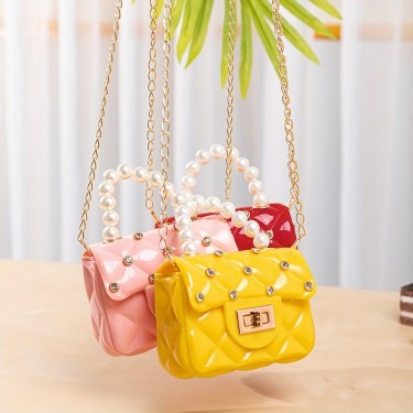 【AE113】Kawaii Rhinestones Decor Mini Faux Pearl Handle Crossbody Bag for Girls