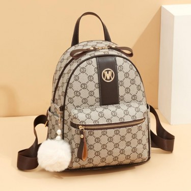 【AE62】Geometric Pattern Zipper Backpack with Fuzzy Ball Decor, Trendy Book Bag for Outdoor Activities