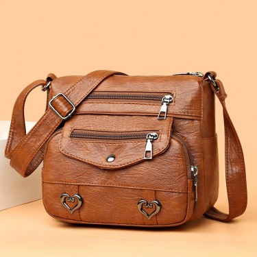 【AE153】Heart Decor Crossbody Bag, Vintage Women's Faux Leather Purse with Multi Pockets