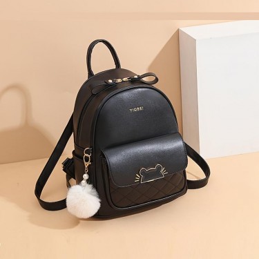 【AE60】Women's Cute Faux Leather Daypack with Cat Print and Pompom Decoration, Teen Girls Satchel Bags by Brand XYZ