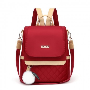 【AE76】Quilted Flap Backpack Purse, Women's Nylon Travel Shoulder Bag, Casual Pompom Decor Bookbag