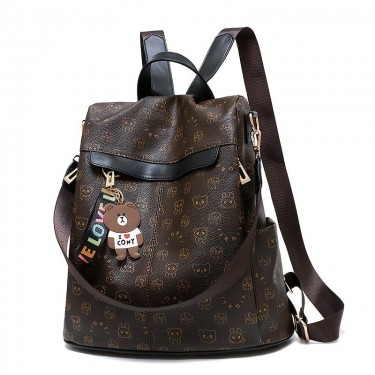 【AE70】Bear Pattern Faux Leather Backpack, Women's Fashion Zipper Shoulder Bag With Bag Charm