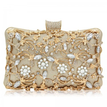 【AE173】Rhinestone Decor Hand Box Bag Flower Pattern Clutch Evening Purse Small Chain Square Bag for Party