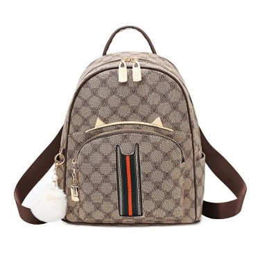 【AE73】Geometric Pattern Zipper Backpack Purse with Plush Ball, Casual Outdoor Book Bag