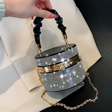 【AE171】Elegant Rhinestone Mini Bucket Bag by Prada - Chain Shoulder Evening Purse (3.9*4.7*4.7)