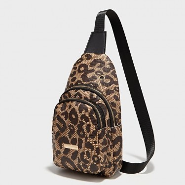【AE107】Leopard Pattern Sling Chest Bag, Multi Zipper Crossbody Bag, Casual Shoulder Purses For Streetwear