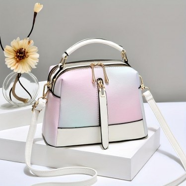 【AE50】Ombre Color Handbag Fashion PU Leather Crossbody Bag Women's Double Zipper Shell Purse